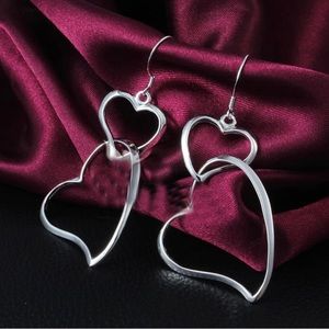 Silver Tone Double Heart Dangle Earrings